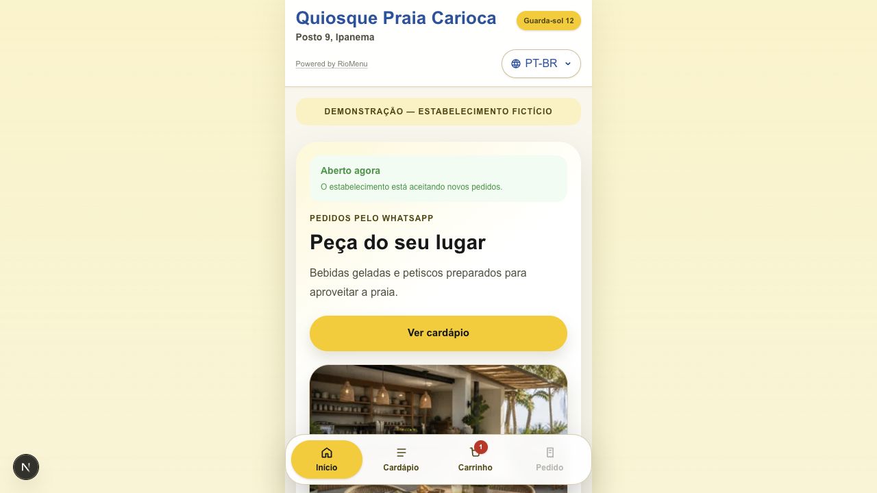 Menú de RioMenu en portugués, con productos y categorías