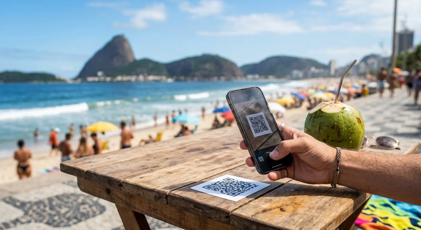 Un cliente escanea un código QR de RioMenu en una mesa frente al mar en Río de Janeiro