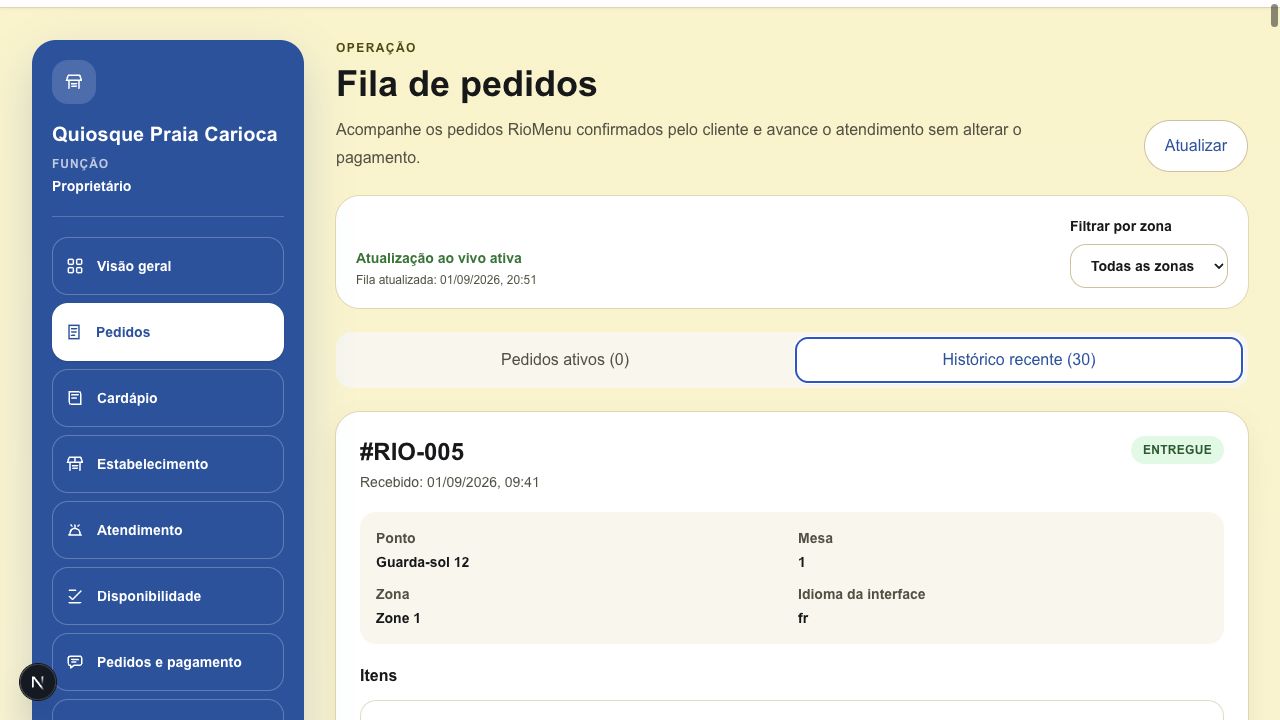 Cola de pedidos en el panel de gestión de RioMenu