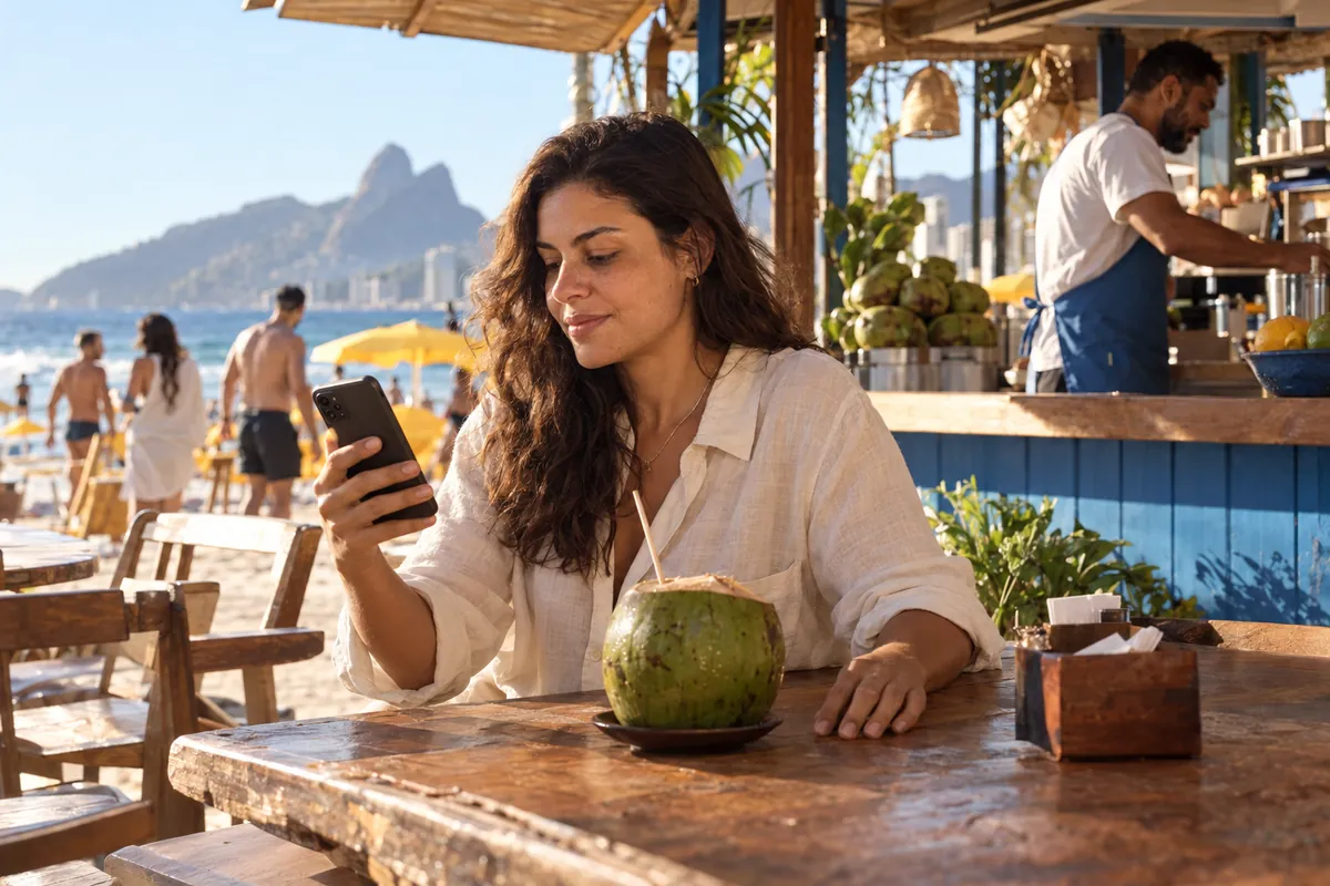Cena ilustrativa fotorrealista de uma cliente consultando o celular em um quiosque à beira-mar no Rio